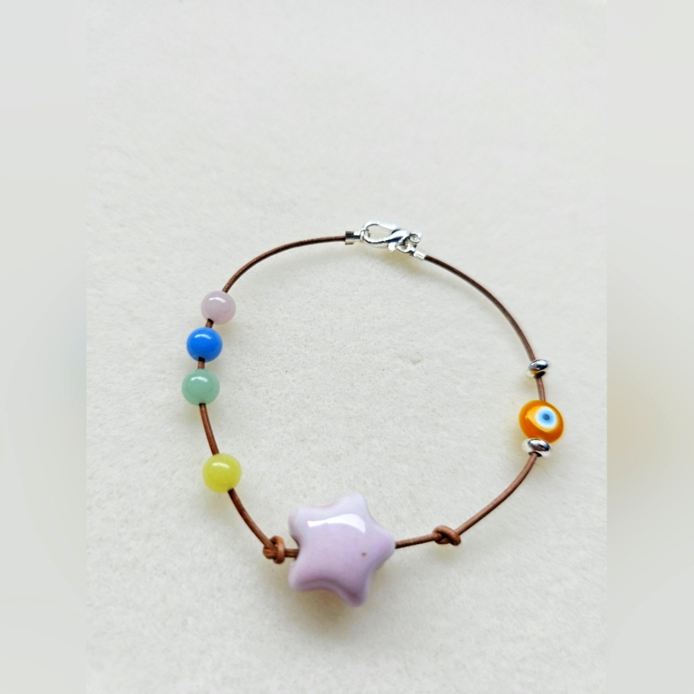 Bohemian Trinkets Poof Heart Bracelet Ceramic Heart Leather Cord